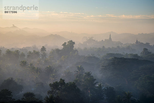 Pagode im Nebel  Morgenlicht  Mrauk U  Sittwe-Division  Rakhine Staat  Myanmar