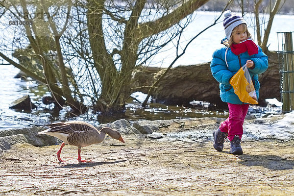 Mädchen füttert Enten im Winter