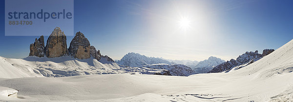 Italy  Alto Adige  Sexten Dolomites  Hochpuster Valley  Tre Crime di Lavaredo against the sun