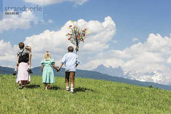 Austria  Salzburg State  Altenmarkt-Zauchensee  four children with Palmbusch walking on alpine meadow