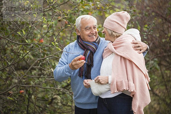 Seniorenpaar beim Äpfel pflücken beim Spaziergang