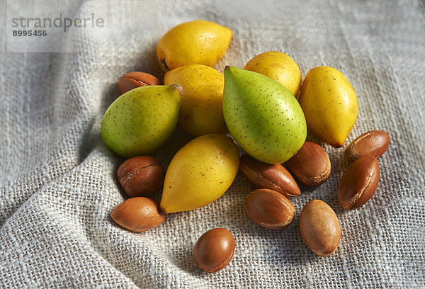 Frische Früchte des Arganbaums (Argania spinosa)  geschälte und ungeschälte Früchte