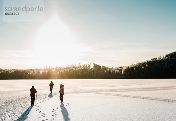 Drei Personen Nordic Walking durch schneebedecktes Feld