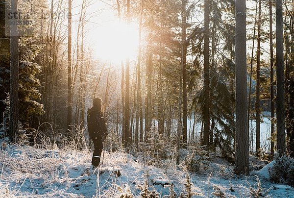 Erwachsener Mann steht im verschneiten Wald