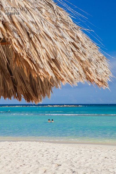 Zwei Personen schwimmen vor Palm Beach  Aruba  Kleine Antillen  Karibik