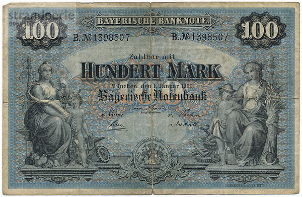 Alter Geldschein  100 Mark  Vorderseite  Bayerische Notenbank von 1900