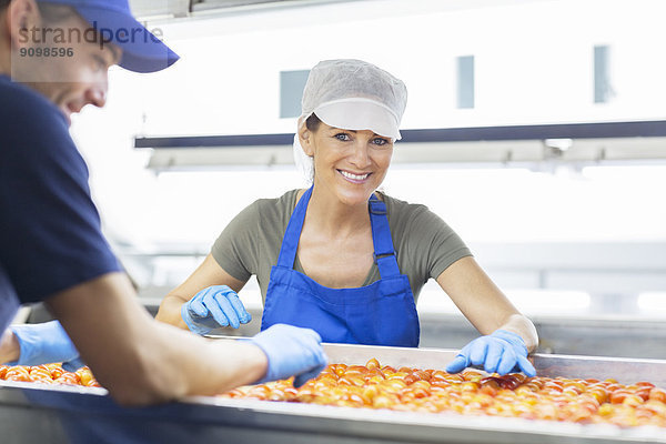 Porträt eines selbstbewussten Arbeiters bei der Untersuchung von Tomaten im Lebensmittelbetrieb