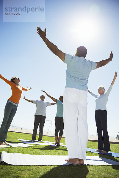 Senioren praktizieren Yoga im sonnigen Park