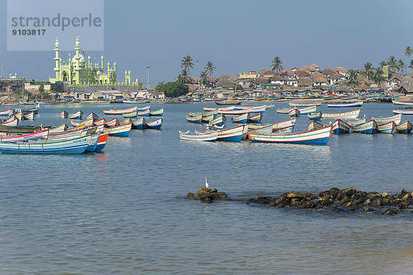 Bunte Fischerboote im Hafen  Mohijedin Sher Darga Sherif Moschee hinten  Vizhinjam  Kerala  Indien