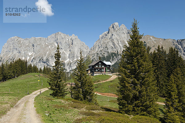 Almhütte vor Bergmassiv  Mödlinger Hütte  Gesäuse  Reichenstein  Steiermark  Österreich