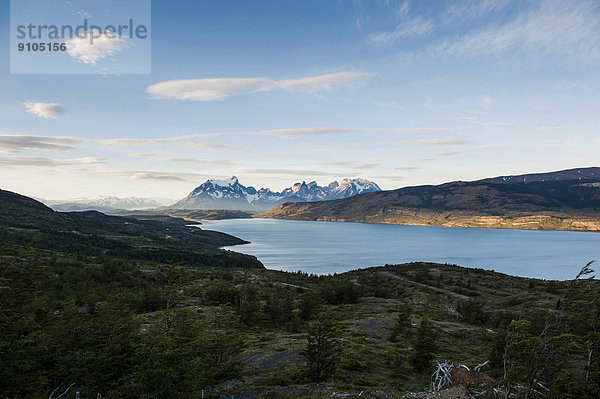 Landschaft mit See und Bergen im Abendlicht  Nationalpark Torres del Paine  Patagonien  Chile