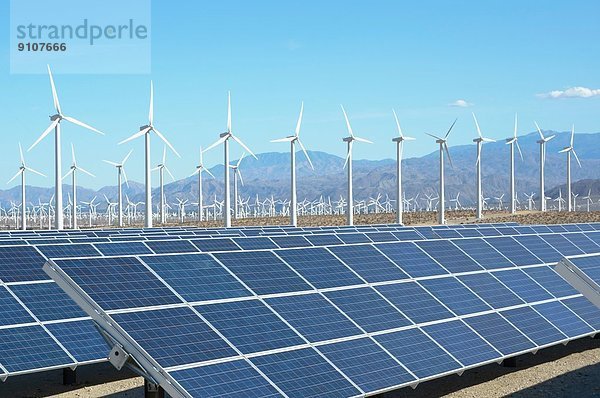 Photovoltaik-Solarzellen und Windkraftanlagen  Windpark San Gorgonio Pass  Palm Springs  Kalifornien  USA. Diese Solaranlage hat eine Leistung von 2 3 MW