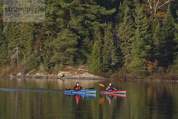 Fröhlichkeit Morgen See reifer Erwachsene reife Erwachsene früh Paddel Kajak Mittelpunkt Algonquin Provincial Park