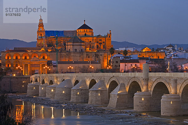 spannen  Europa  Großstadt  Brücke  Fluss  Kathedrale  UNESCO-Welterbe  Abenddämmerung  Guadalquivir  La Mezquita  Moschee  Spanien