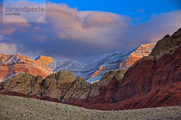 Vereinigte Staaten von Amerika  USA  Felsbrocken  Berg  Frische  Schutz  Sonnenaufgang  Nevada  rot  Zimmer  Schlucht  Schnee