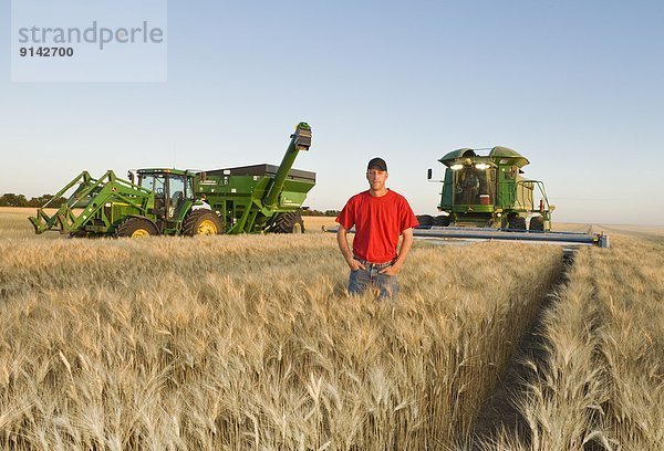 Getreide  ernten  Hintergrund  reifer Erwachsene  reife Erwachsene  Feld  Bauer  jung  Weizen  Saskatchewan  Mähdrescher  Kanada