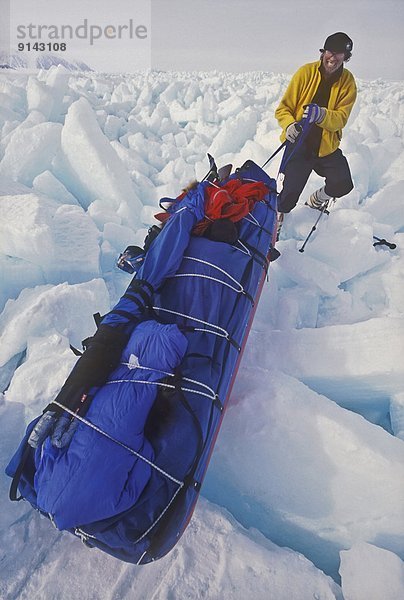 Mann  Meer  Eis  rauh  Transport  Ellesmere Island  Kanada  Nunavut  Schlitten
