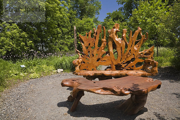 Holz Sitzbank Bank Dekoration Garten Richtung Wiese Frühling Laurentian Mountains Teakholz Tisch Kanada Quebec