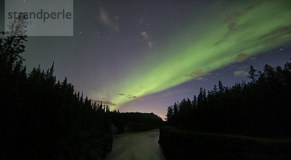 hoch  oben  Nacht  Beleuchtung  Licht  Himmel  über  fließen  Fluss  Polarlicht  Aurora  Schlucht  Yukon