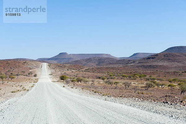 Weite  gerade Schotterstraße in Trockenlandschaft  Kunene Region  Namibia