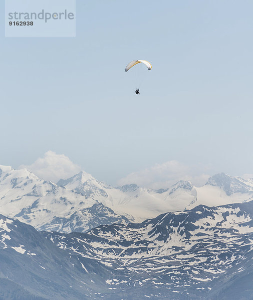 Paragleiter  Paraglider vor blauem Himmel  hinten schneebedeckte Berge  Alpen