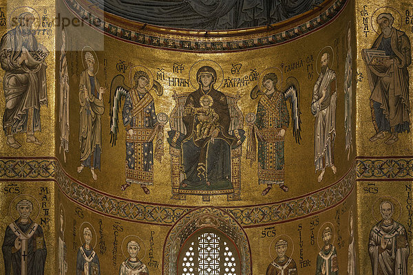 Maria mit dem Jesuskind  byzantinisches Goldgrund-Mosaik in der Kathedrale Santa Maria Nuova  Monreale  Provinz Palermo  Sizilien  Italien