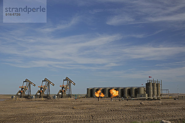 'Erdgas wird beim Abpumpen von Öl in der Bakken Schieferformation abgefackelt; das Gas wird abgefackelt  da keine Rohrleitungen gebaut wurden  um es in das System einzuspeisen  Watford City  North Dakota  USA'