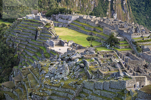 Ruinen  Inkastadt Machu Picchu mit dem Hauptplatz oder Plaza Principal und Terrassen  UNESCO-Weltkulturerbe  Urubambatal  bei Cusco  Anden  Peru