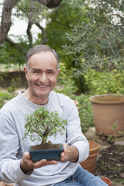 Mann Baum halten Bonsaibaum Topfpflanze