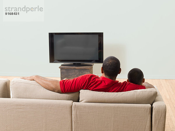 Father and son watching television in living room