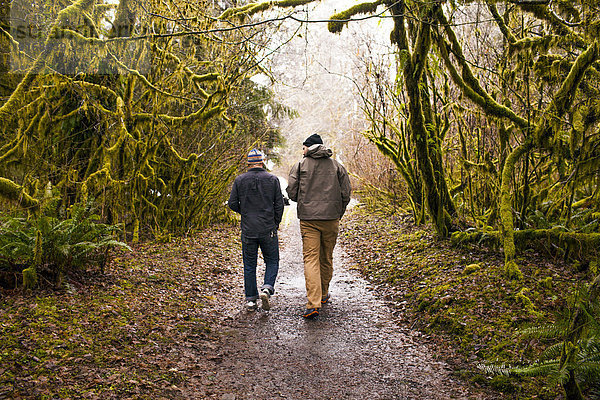 Men walking together in forest