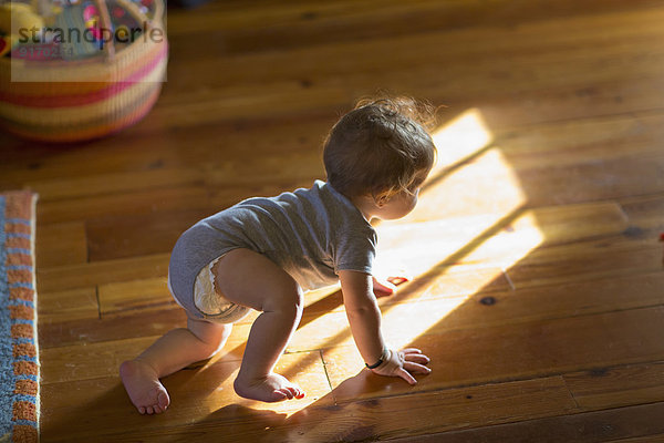 Caucasian baby crawling on floor