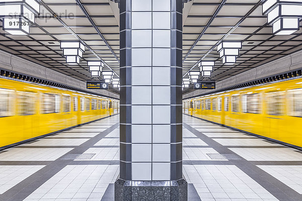 Germany  Berlin  subway station Paracelsiusbad with moving underground train