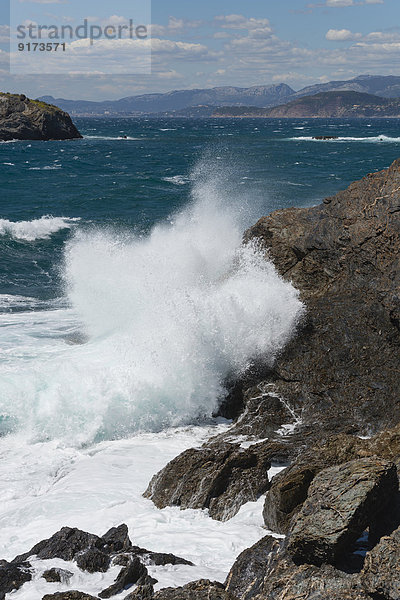 Frankreich  Provence Alpes Cote d'Azur  Var  Halbinsel Giens  brechende Welle auf Felsen