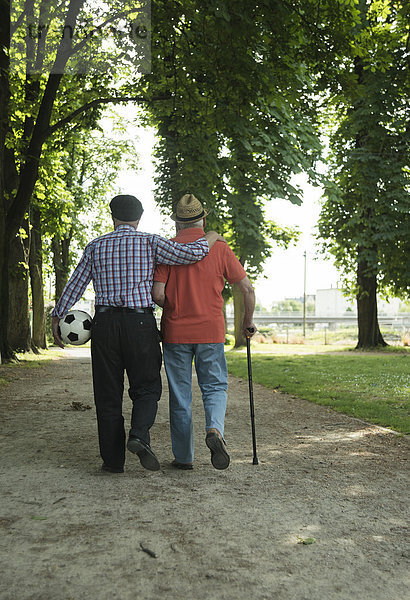 Zwei alte Freunde beim Spaziergang im Park mit Fußball  Rückansicht