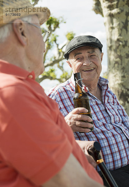 Zwei alte Freunde stoßen mit Bierflaschen im Park an.