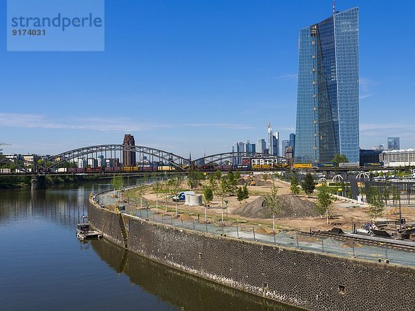 Germany  Hesse  Frankfurt  Deutschherrn Bridge  European Central Bank Headquarters  Financial district in the background