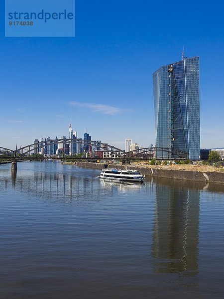 Germany  Hesse  Frankfurt  Deutschherren Bridge  European Central Bank Headquarters  Excursion boat  Financial district in the background