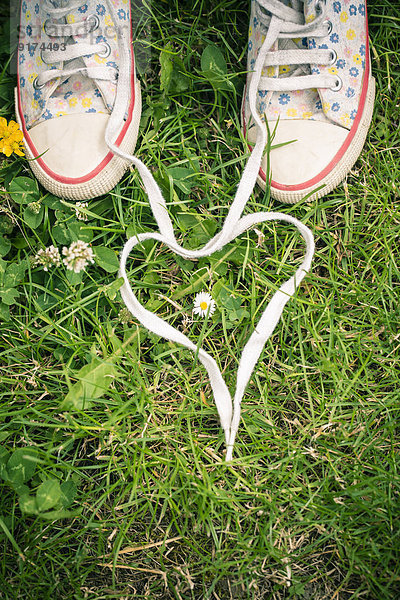 Shoelaces of two sneakers shaping heart on grass