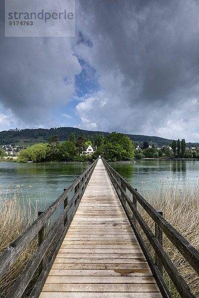 Schweiz  Thurgau  Eschenz  Holzbrücke  Blick über den Rhein zur Insel Werd