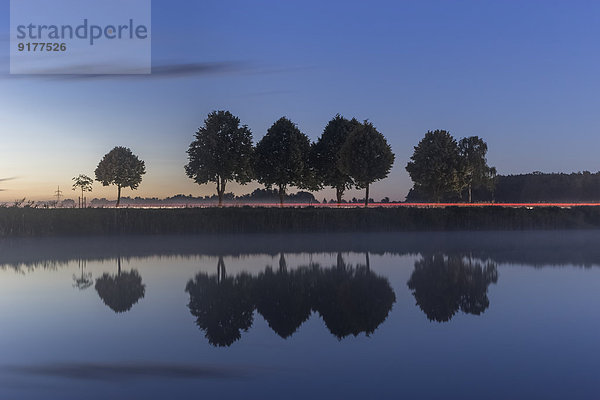 Deutschland  Niedersachsen  Gifhorn  See und Spiegelungen von Bäumen  Straße mit Lichtweg am Abend