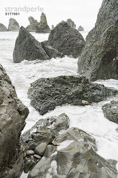 Neuseeland  Südinsel  Barrytown  spritzende Wellen auf exponierten Felsen