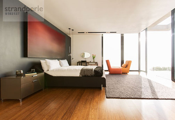 Teppich und Malerei im modernen Schlafzimmer