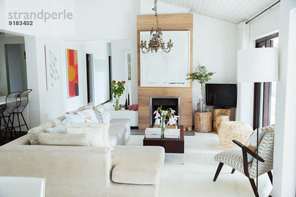 Sofa  Couchtisch und Kamin im modernen Wohnzimmer