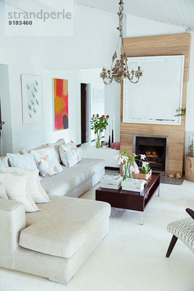 Sofa  Couchtisch und Kamin im modernen Wohnzimmer