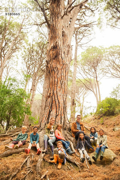 Schüler und Lehrer sitzen auf einem Baum im Wald.