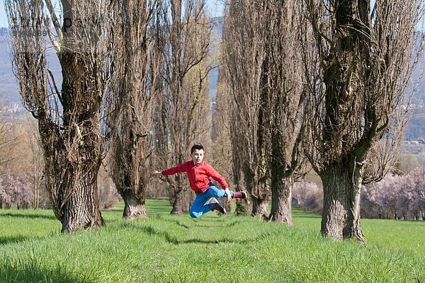 Zwölfjähriger Junge springt in der Luft auf einem baumgesäumten Feld.