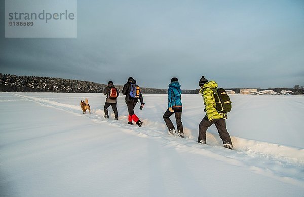 Freundeskreis und Hundewandern auf Schnee