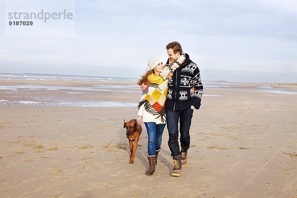 Mittleres erwachsenes Paar und Hund am Strand  Bloemendaal aan Zee  Niederlande