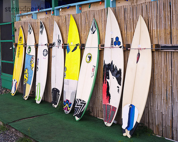 Surfbretter in einer Reihe im Laden